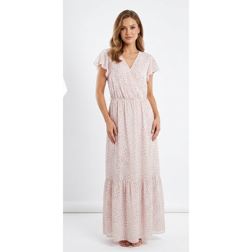 Women's Maxi Dress Large Polyester Cottagecore Beige White Ruffled